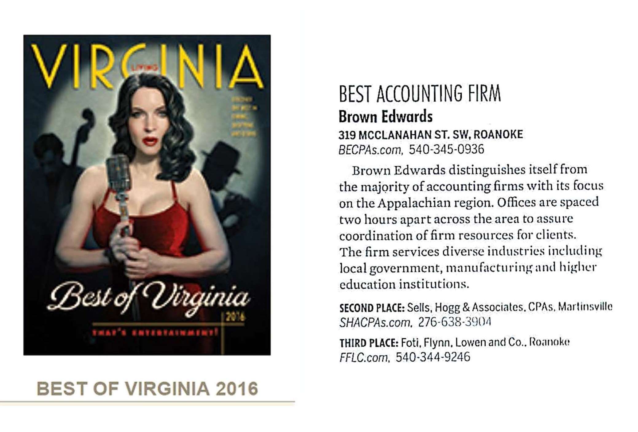 Brown Edwards has been voted as the BEST ACCOUNTING FIRM in Southwest Virginia in Virginia Living Magazine